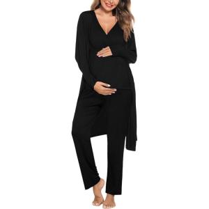 SWOMOG Maternity Nursing Robe Set 3 Piece Postpartum Breastfeeding Pajamas 3 in 1 Hospital Labor Delivery Pregnancy Pjs(Black-pants)