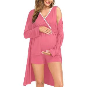 SWOMOG Maternity Nursing Robe Set 3 Piece Postpartum Breastfeeding Pajamas 3 in 1 Hospital Labor Delivery Pregnancy Pjs(Coral-shorts)