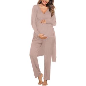 SWOMOG Maternity Nursing Robe Set 3 Piece Postpartum Breastfeeding Pajamas 3 in 1 Hospital Labor Delivery Pregnancy Pjs(Light Brown-pants)