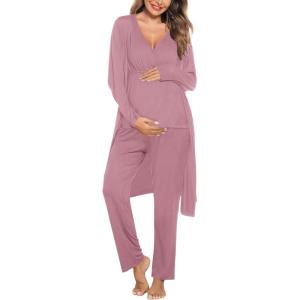 SWOMOG Maternity Nursing Robe Set 3 Piece Postpartum Breastfeeding Pajamas 3 in 1 Hospital Labor Delivery Pregnancy Pjs(Taro Purple-pants)