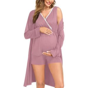 SWOMOG Maternity Nursing Robe Set 3 Piece Postpartum Breastfeeding Pajamas 3 in 1 Hospital Labor Delivery Pregnancy Pjs(Taro Purple-shorts)