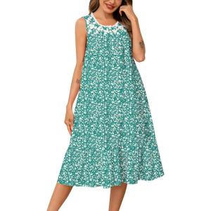SWOMOG Nightgowns for Women Soft Sleeveless Nightdress with Pockets Ruffle Ladies Sleepshirts(Style-a Green-whiteleaves Flower)