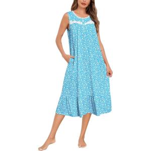 SWOMOG Nightgowns for Women Soft Sleeveless Nightdress with Pockets Ruffle Ladies Sleepshirts(Style-b Blueleaves Flower)