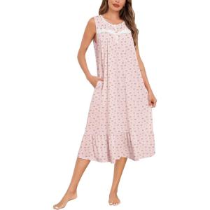 SWOMOG Nightgowns for Women Soft Sleeveless Nightdress with Pockets Ruffle Ladies Sleepshirts(Style-b Pink Flower)