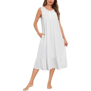 SWOMOG Nightgowns for Women Soft Sleeveless Nightdress with Pockets Ruffle Ladies Sleepshirts(Style-b White)