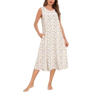 SWOMOG Nightgowns for Women Soft Sleeveless Nightdress with Pockets Ruffle Ladies Sleepshirts(Style-b White Floral)