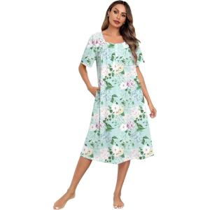 SWOMOG Nightgowns for Women Soft Sleeveless Nightdress with Pockets Ruffle Ladies Sleepshirts(Style-c Green Flower)