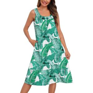 SWOMOG Nightgowns for Women Soft Sleeveless Nightdress with Pockets Ruffle Ladies Sleepshirts(Style-f White Leaves)