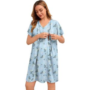 SWOMOG Nursing Nightgown 3 in 1 Labor and Delivery Hospital Gown Maternity Dress Short Sleeve Birthing Robe for Breastfeeding(Blue White Flowers)