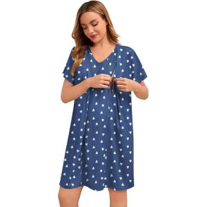 SWOMOG Nursing Nightgown 3 in 1 Labor and Delivery Hospital Gown Maternity Dress Short Sleeve Birthing Robe for Breastfeeding(Navy Blue Heart)