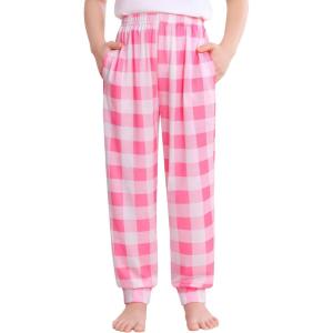 SWOMOG Unisex Kids Plaid Pajama pants for Boys & Girls Comfy Sleepwear Bottoms Lounge Jogger PJ Pants with Pockets(Pink & White Plaid)