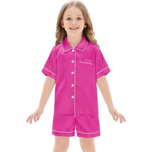 SWOMOG Unisex Kids Silk Satin Pajamas Sets Girls Boys Pjs Set Button-Down Sleepwear Short Sleeve Nightwear 2 Piece(Rose)