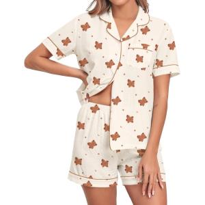 SWOMOG Women 2 Piece Pajamas Sets Short Sleeve Pj Sets Cute Printed Sleepwear Button Down Shirt with Lounge Shorts Set(Bear Beige)