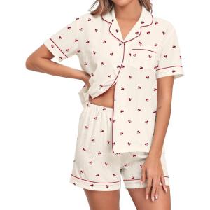 SWOMOG Women 2 Piece Pajamas Sets Short Sleeve Pj Sets Cute Printed Sleepwear Button Down Shirt with Lounge Shorts Set(Beige Cherry)