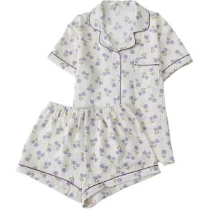 SWOMOG Women 2 Piece Pajamas Sets Short Sleeve Pj Sets Cute Printed Sleepwear Button Down Shirt with Lounge Shorts Set(Beige Flower)