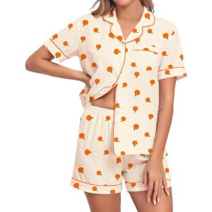 SWOMOG Women 2 Piece Pajamas Sets Short Sleeve Pj Sets Cute Printed Sleepwear Button Down Shirt with Lounge Shorts Set(Beige Orange)