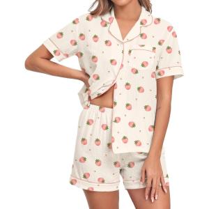 SWOMOG Women 2 Piece Pajamas Sets Short Sleeve Pj Sets Cute Printed Sleepwear Button Down Shirt with Lounge Shorts Set(Beige Strawberry)
