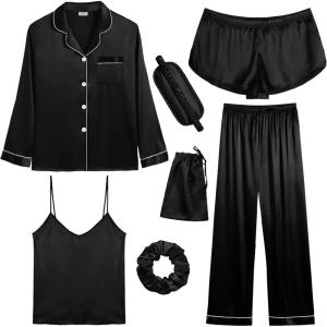 SWOMOG Women Satin Pajamas 4pcs Pajama Set Sexy Cami Shorts Set and Button Down Long Sleeve Pjs Loungewear Sleepwear(Black)
