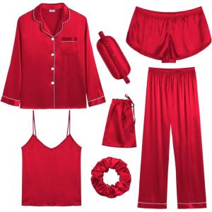 SWOMOG Women Satin Pajamas 4pcs Pajama Set Sexy Cami Shorts Set and Button Down Long Sleeve Pjs Loungewear Sleepwear(Christmas Red)