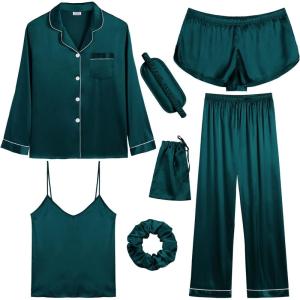 SWOMOG Women Satin Pajamas 4pcs Pajama Set Sexy Cami Shorts Set and Button Down Long Sleeve Pjs Loungewear Sleepwear(Dark Green)