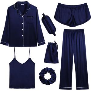SWOMOG Women Satin Pajamas 4pcs Pajama Set Sexy Cami Shorts Set and Button Down Long Sleeve Pjs Loungewear Sleepwear(Deep Navy Blue)