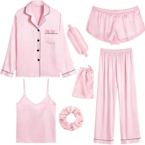 SWOMOG Women Satin Pajamas 4pcs Pajama Set Sexy Cami Shorts Set and Button Down Long Sleeve Pjs Loungewear Sleepwear(Pink)