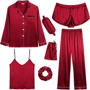 SWOMOG Women Satin Pajamas 4pcs Pajama Set Sexy Cami Shorts Set and Button Down Long Sleeve Pjs Loungewear Sleepwear(Red)
