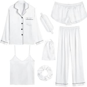 SWOMOG Women Satin Pajamas 4pcs Pajama Set Sexy Cami Shorts Set and Button Down Long Sleeve Pjs Loungewear Sleepwear(White)