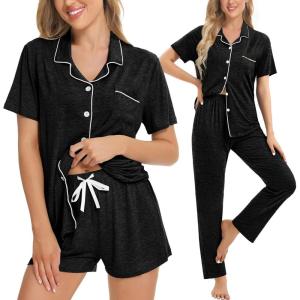 SWOMOG Womens 3pcs Button Down Pajamas Set Short Sleeve Sleepwear Bride Pj Lounge Set with Long Pants(Black Grey)