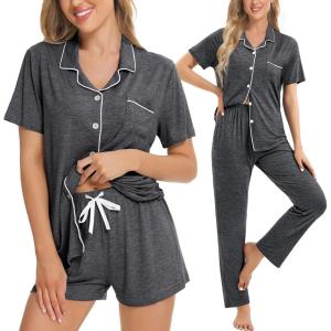 SWOMOG Womens 3pcs Button Down Pajamas Set Short Sleeve Sleepwear Bride Pj Lounge Set with Long Pants(Deep Grey)