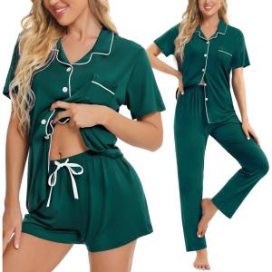 SWOMOG Womens 3pcs Button Down Pajamas Set Short Sleeve Sleepwear Bride Pj Lounge Set with Long Pants(Green)