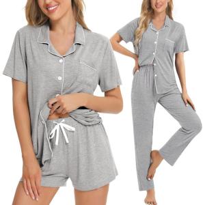 SWOMOG Womens 3pcs Button Down Pajamas Set Short Sleeve Sleepwear Bride Pj Lounge Set with Long Pants(Grey)