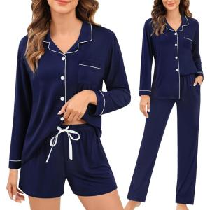 SWOMOG Womens 3pcs Button Down Pajamas Set Short Sleeve Sleepwear Bride Pj Lounge Set with Long Pants(Long Sleeve Navy Blue)