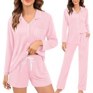 SWOMOG Womens 3pcs Button Down Pajamas Set Short Sleeve Sleepwear Bride Pj Lounge Set with Long Pants(Long Sleeve Pink)