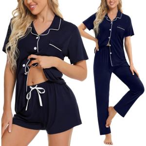 SWOMOG Womens 3pcs Button Down Pajamas Set Short Sleeve Sleepwear Bride Pj Lounge Set with Long Pants(Navy Blue)