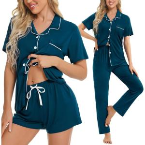 SWOMOG Womens 3pcs Button Down Pajamas Set Short Sleeve Sleepwear Bride Pj Lounge Set with Long Pants(Oxford Blue)