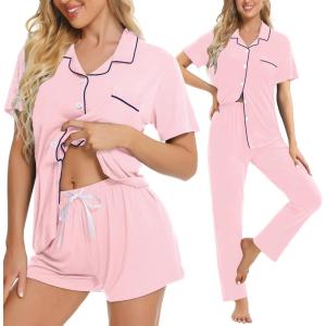 SWOMOG Womens 3pcs Button Down Pajamas Set Short Sleeve Sleepwear Bride Pj Lounge Set with Long Pants(Pink)