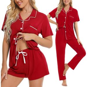 SWOMOG Womens 3pcs Button Down Pajamas Set Short Sleeve Sleepwear Bride Pj Lounge Set with Long Pants(Red)