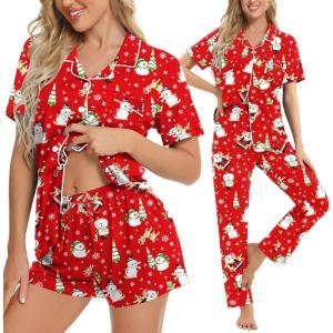 SWOMOG Womens 3pcs Button Down Pajamas Set Short Sleeve Sleepwear Bride Pj Lounge Set with Long Pants(Snowman)