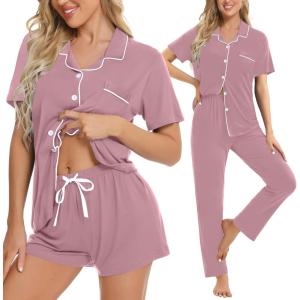 SWOMOG Womens 3pcs Button Down Pajamas Set Short Sleeve Sleepwear Bride Pj Lounge Set with Long Pants(Taro Purple)