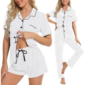 SWOMOG Womens 3pcs Button Down Pajamas Set Short Sleeve Sleepwear Bride Pj Lounge Set with Long Pants(White)