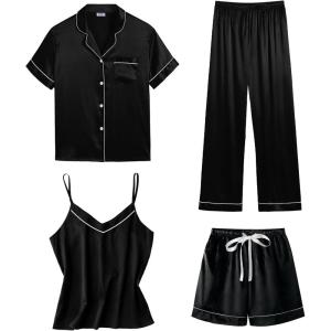 SWOMOG Womens 4pcs Pajamas Sets Short Sleeve Camisole with Button Down Shirt Pjs Silk Satin Sleepwear Loungewear(Black)
