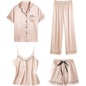 SWOMOG Womens 4pcs Pajamas Sets Short Sleeve Camisole with Button Down Shirt Pjs Silk Satin Sleepwear Loungewear(Champagne)