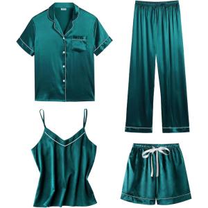 SWOMOG Womens 4pcs Pajamas Sets Short Sleeve Camisole with Button Down Shirt Pjs Silk Satin Sleepwear Loungewear(Green)