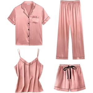 SWOMOG Womens 4pcs Pajamas Sets Short Sleeve Camisole with Button Down Shirt Pjs Silk Satin Sleepwear Loungewear(Misty Rose)