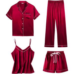 SWOMOG Womens 4pcs Pajamas Sets Short Sleeve Camisole with Button Down Shirt Pjs Silk Satin Sleepwear Loungewear(Red)