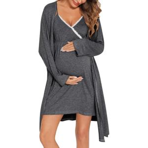 SWOMOG Womens Maternity Robe 2 Piece Nursing Nightgown for Breastfeeding 3 in 1 Labor Delivery Nursing Dress Lace Bathrobe(A-dark Gray)
