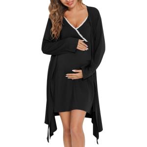 SWOMOG Womens Maternity Robe 2 Piece Nursing Nightgown for Breastfeeding 3 in 1 Labor Delivery Nursing Dress Lace Bathrobe(Black)