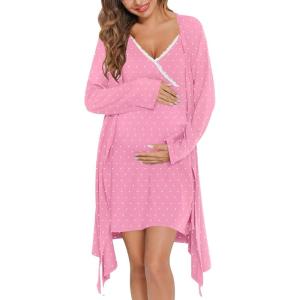 SWOMOG Womens Maternity Robe 2 Piece Nursing Nightgown for Breastfeeding 3 in 1 Labor Delivery Nursing Dress Lace Bathrobe(Coral Point)
