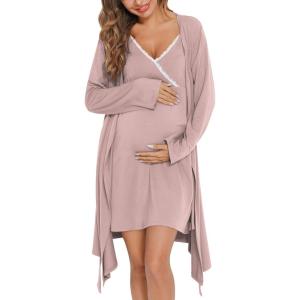 SWOMOG Womens Maternity Robe 2 Piece Nursing Nightgown for Breastfeeding 3 in 1 Labor Delivery Nursing Dress Lace Bathrobe(C-taro Purple)